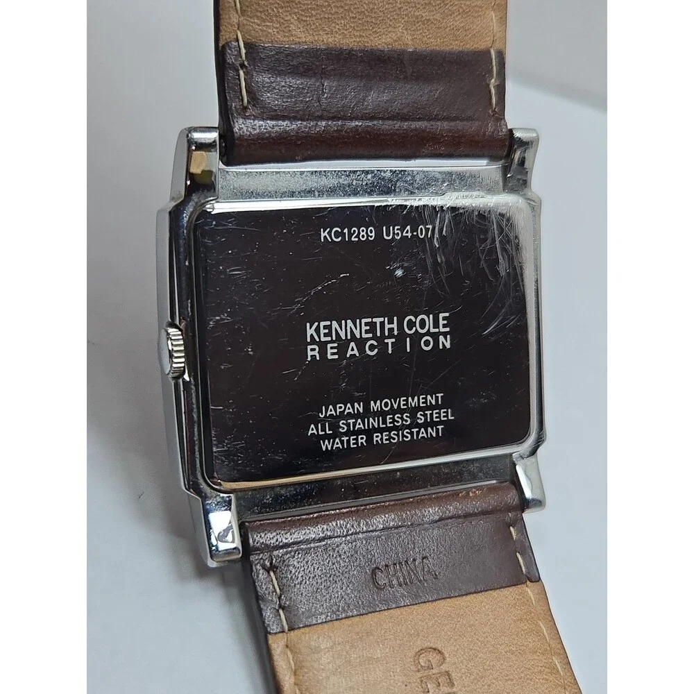 Kenneth Cole Reaction Mens Tank Brown Dial Date Leather Watch New Battery *READ